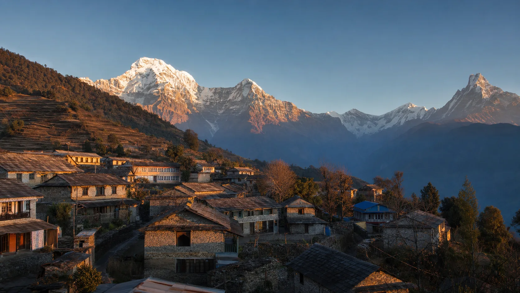 Illustrative winter view of Ghandruk and the Annapurna mountains