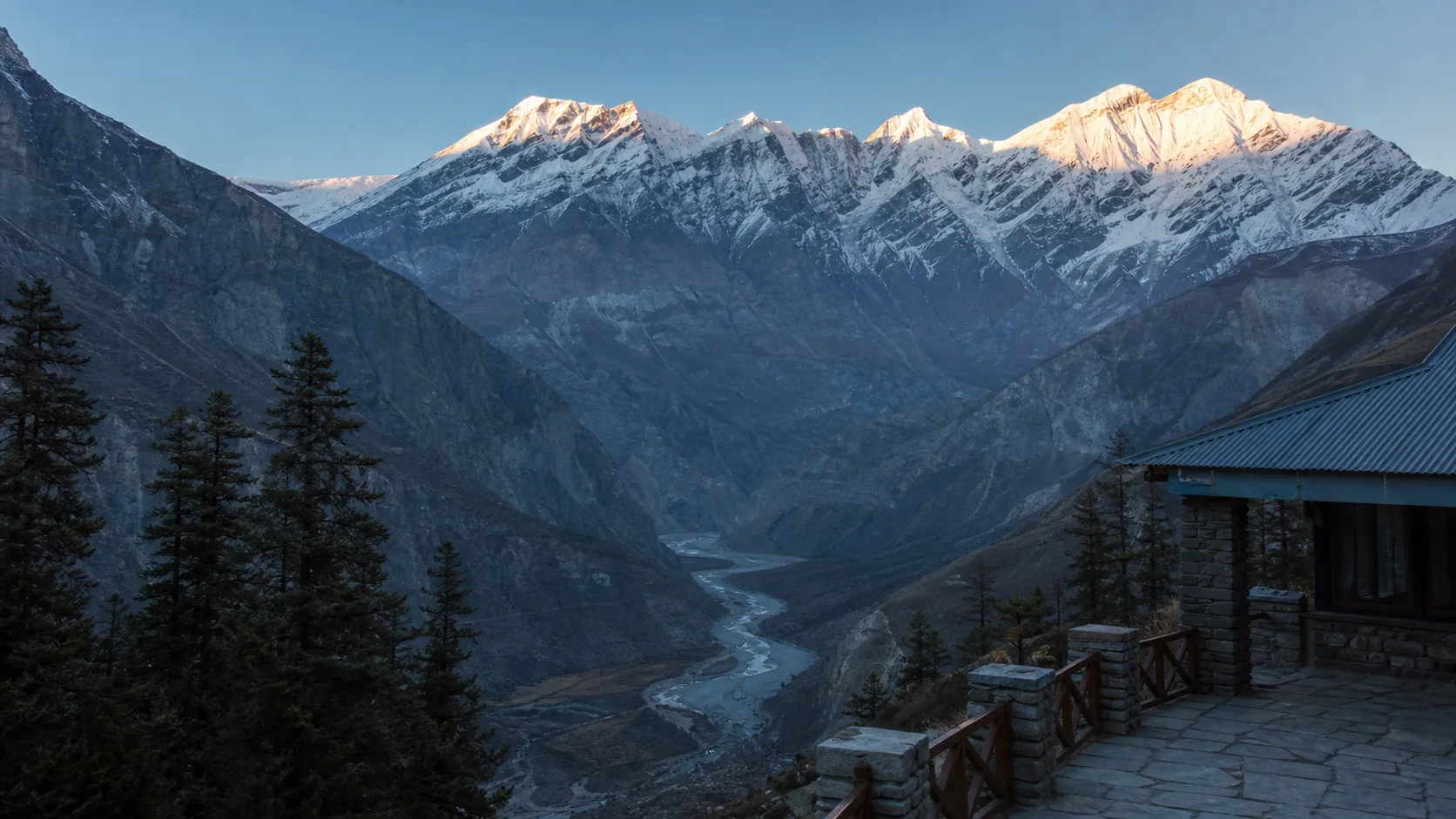 Illustrative view of the Kali Gandaki valley and snow-covered mountains near Kalopani