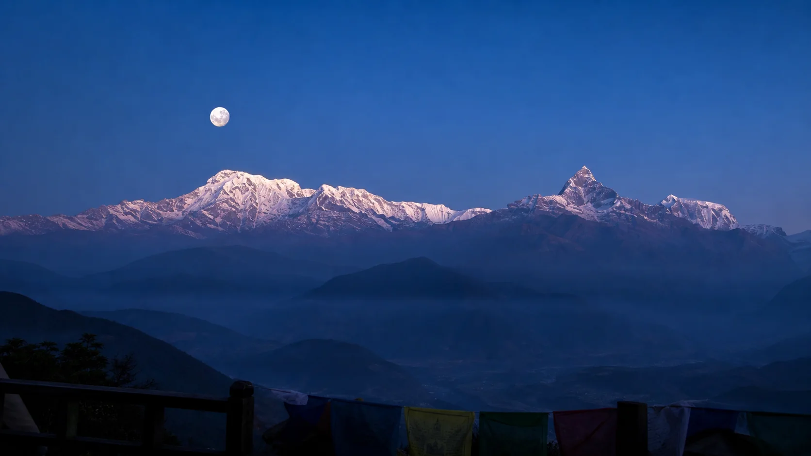 Illustrative moonlit view of the Annapurna range from the Pokhara region